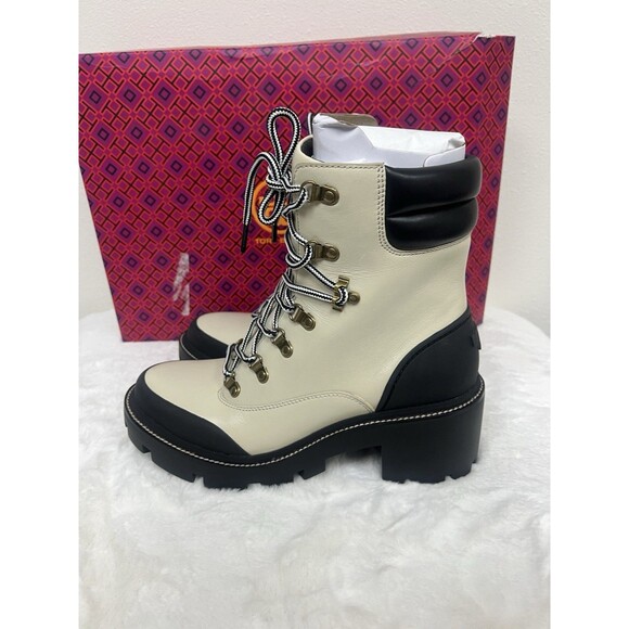 NEW Tory Burch Lug Sole Hiker Ankle Boot in New Ivory/ Perfect Black Size 10 - Picture 5 of 11